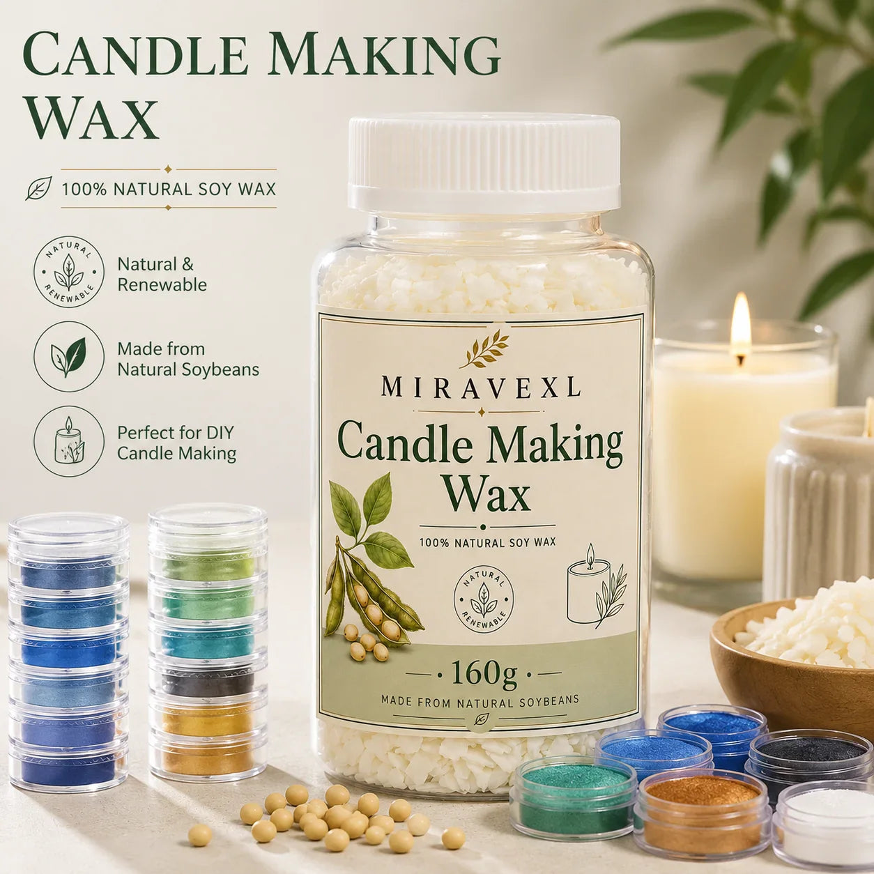 MIRAVEXL Natural Soy Wax Flakes 160g & Pearl Shimmer Pigment