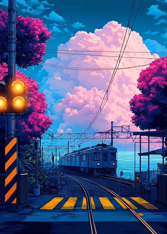 Japanese Anime Landscape Canvas Print | Tram Train Ocean Wall Art Canvas Wall Art Print Peaceful Pleasures Health and Wellness 10 20x30cm Unframed