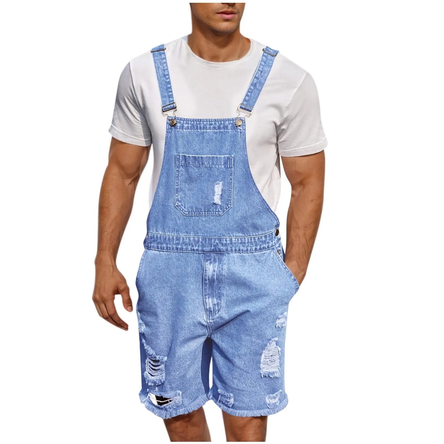 Summer Men's Vintage Jeans Overalls Elastic Denim Jumpsuit With Pockets Men Casual Button Suspenders Short Pants Peaceful Pleasures Health and Wellness