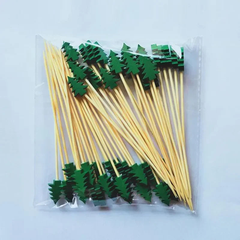 50 Christmas Fruit Sticks Per Set Disposable Bamboo Sticks Snowflake Christmas Trees Santa Claus Fruit Sticks Peaceful Pleasures Health and Wellness Green Tree