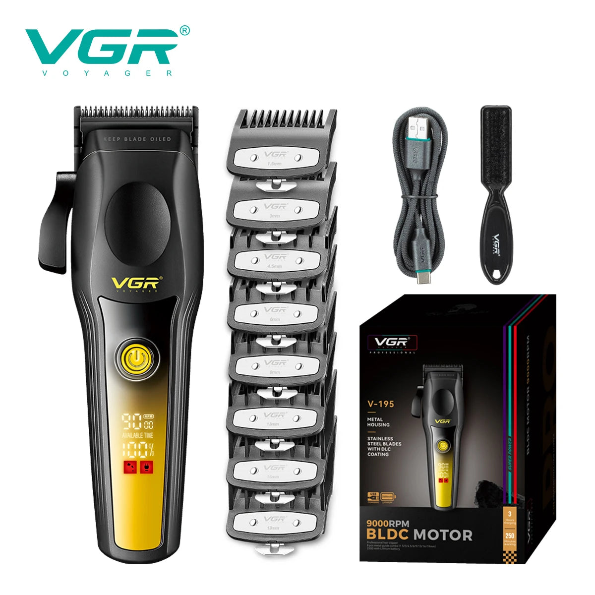 VGR New High end Hair Clipper Metal Body Titanium Alloy Sharp Blade Hair Trimmer LCD Intelligent Digital Shaving Machine V-195 Peaceful Pleasures Health and Wellness USB