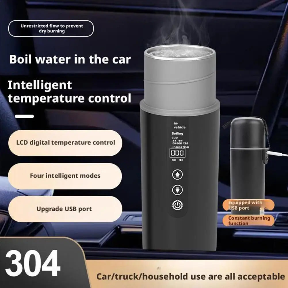 12V/24V Car Electric Kettle – Smart LCD Temp Control 500ml