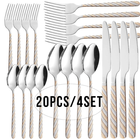 20-Piece Stainless Steel Flatware Set – Exquisite Carved Handle Silverware (Knife, Fork & Spoon) Peaceful Pleasures Health and Wellness