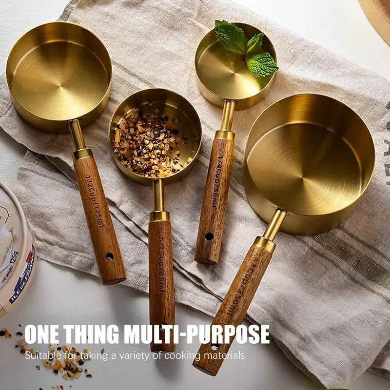 4-Piece Stainless Steel Measuring Cup Set with Walnut Wooden Handles | Gold, Rose Gold & Silver