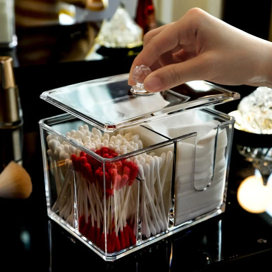 Clear Acrylic Cotton Swab & Makeup Pad Holder Organizer with Lid Vanity Storage Organizer Peaceful Pleasures Health and Wellness