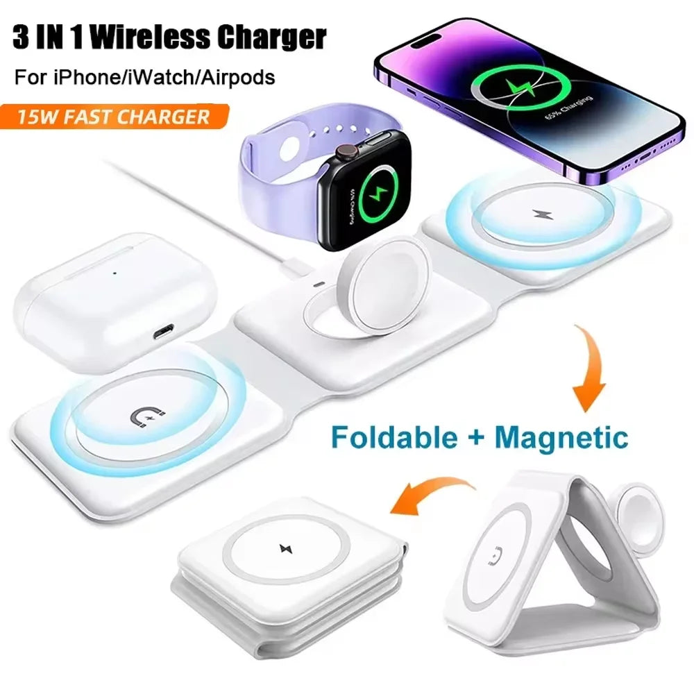 3-in-1 Foldable Magnetic Wireless Charger 15W Fast Charging Station for iPhone 16/15/14 Apple Watch AirPods Peaceful Pleasures Health and Wellness