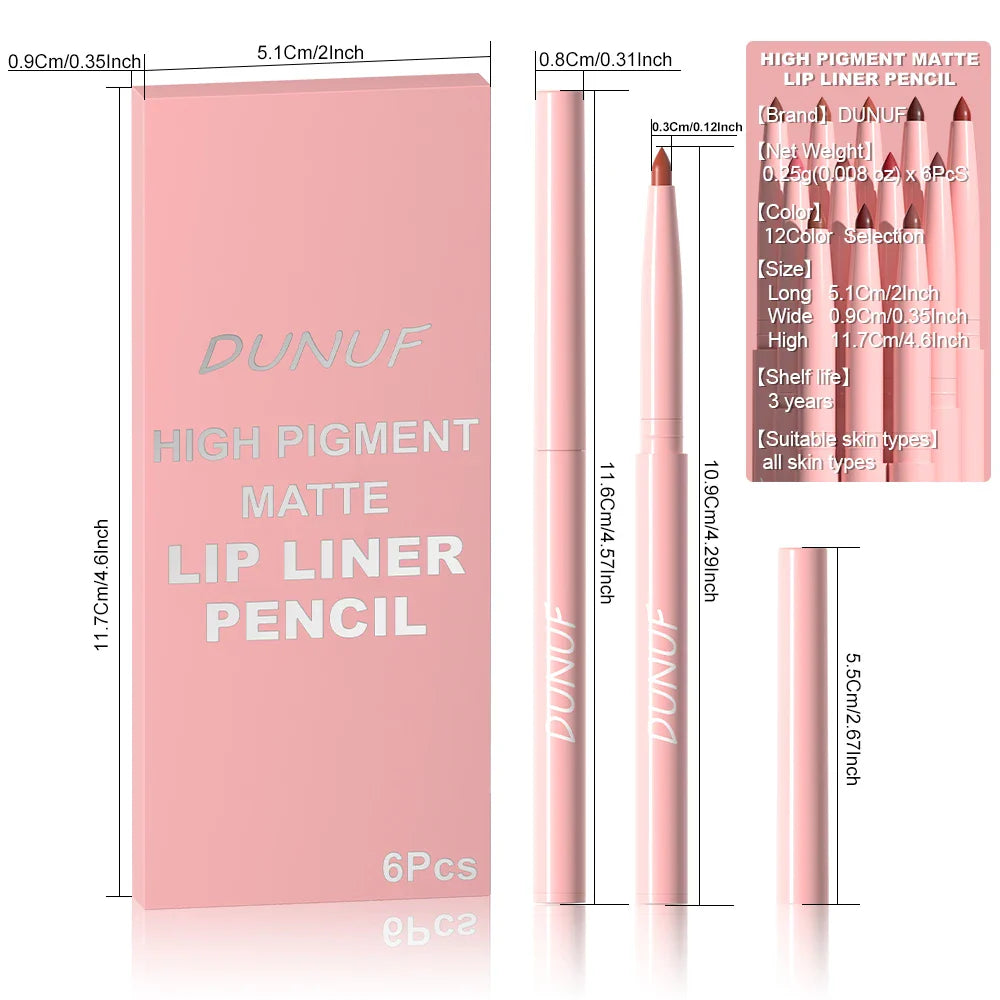 DUNUF 6-Piece Waterproof Lip Liner Set – Long-Lasting Color