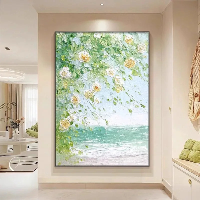 Hand Painted Canvas Oil Painting Abstract Green Spring Flowers Landscape Poster Wall Art Home Decor Mural Living Room Bedroom Peaceful Pleasures Health and Wellness