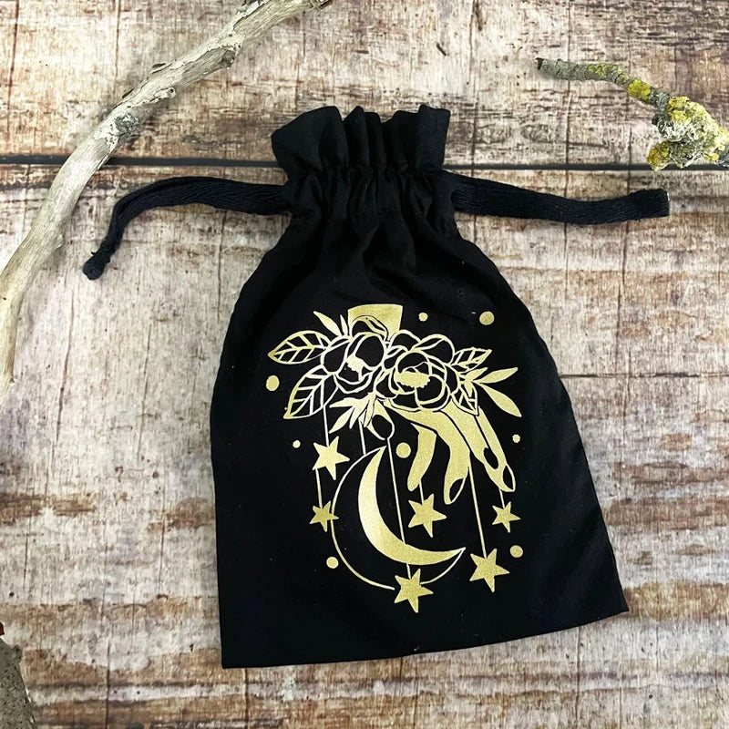 5-Pack Golden Moon Black Velvet Drawstring Bags | Tarot & Jewelry