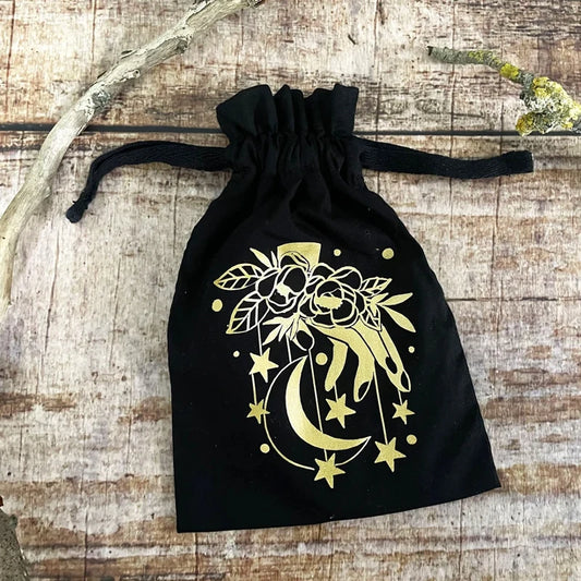 5-Pack Golden Moon Black Velvet Drawstring Bags | Tarot & Jewelry Drawstring Gift Bag Peaceful Pleasures Health and Wellness