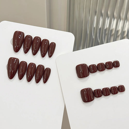 10pcs Handmade Solid Color Almond Press On Nails Reusable Dark Brown False Nails Wearable Women Finger Toe Ins Manicure Art Kit Peaceful Pleasures Health and Wellness