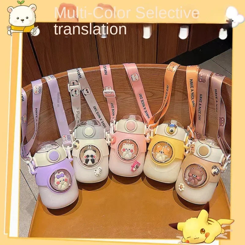 Cute Kids Water Bottles Plastic Sippy Cup with Strap Rope Portable Leakage-proof Cartoon Water Cups Drinkware Cartoon Student Peaceful Pleasures Health and Wellness