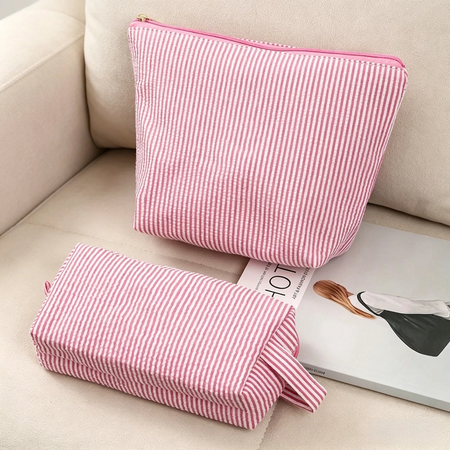 2-Piece Striped Makeup Bag Set | Travel Cosmetic Organizer