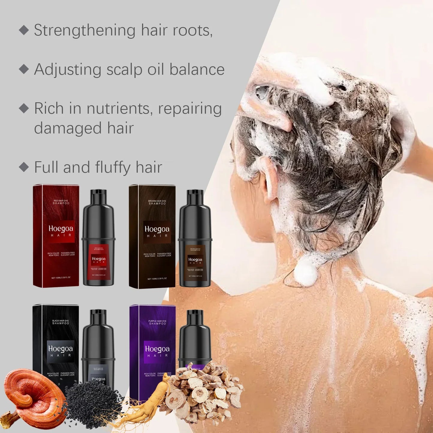 HOEGOA Herbal Hair Dye Shampoo – Black Brown Red Purple