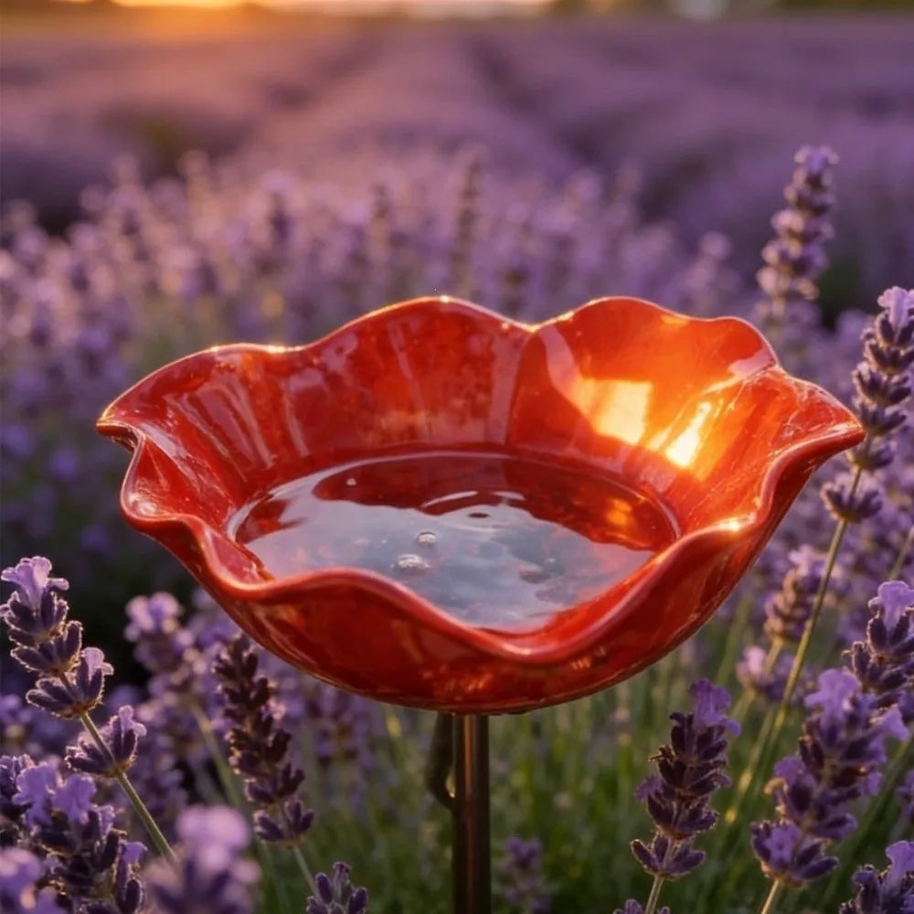 Handcrafted Metal Flower Garden Stake & Bird Bath | UV Resistant