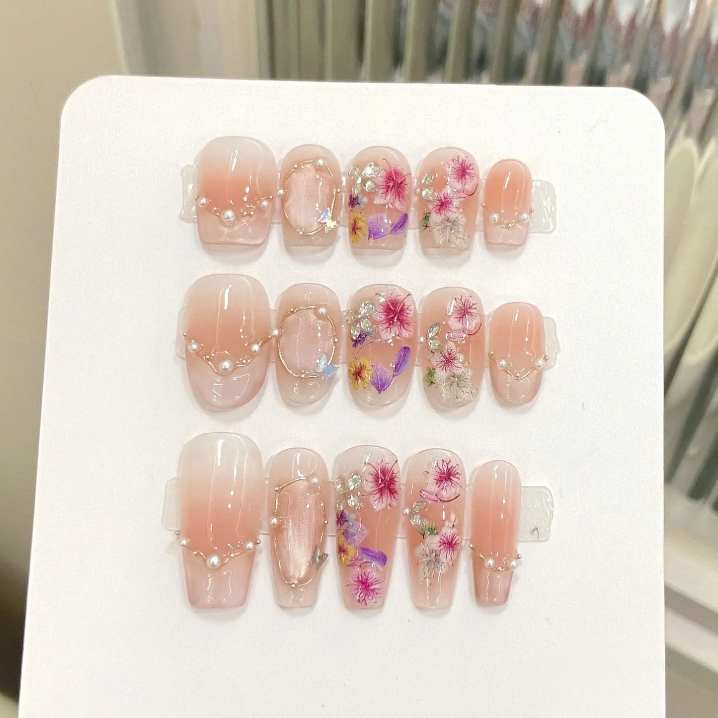 Handmade Cat Eye Press On Nails | Floral Korean Pink 10pcs