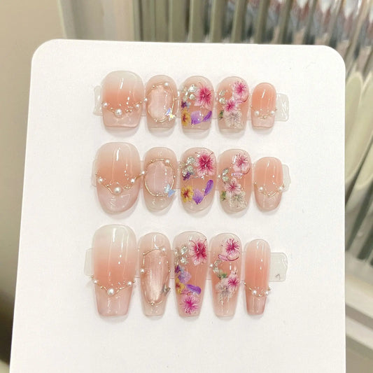 Handmade Cat Eye Press On Nails | Floral Korean Pink 10pcs Press On Nails Peaceful Pleasures Health and Wellness