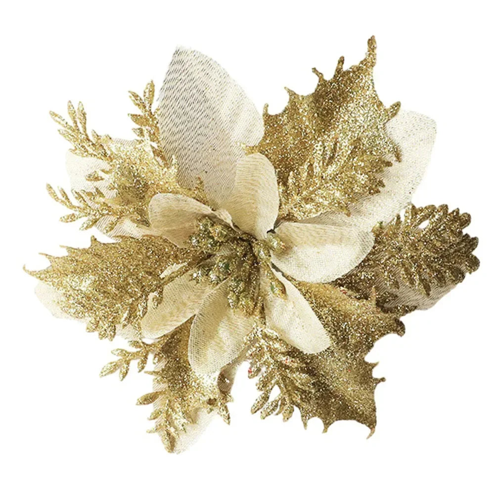 Christmas Glitter Poinsettia Flower Ornament | Xmas Tree Decor