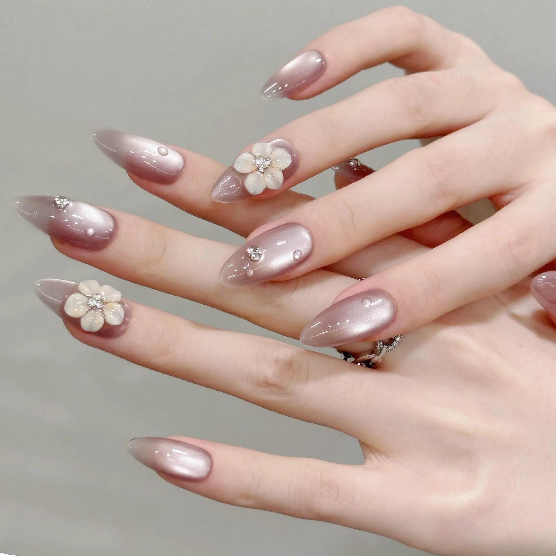 Handmade Press on Nails Embossed Ice Flower Fake Nails Full Cover Almond Tips Wearable Shiny Nude Cat's Eye False Nail Patches Peaceful Pleasures Health and Wellness