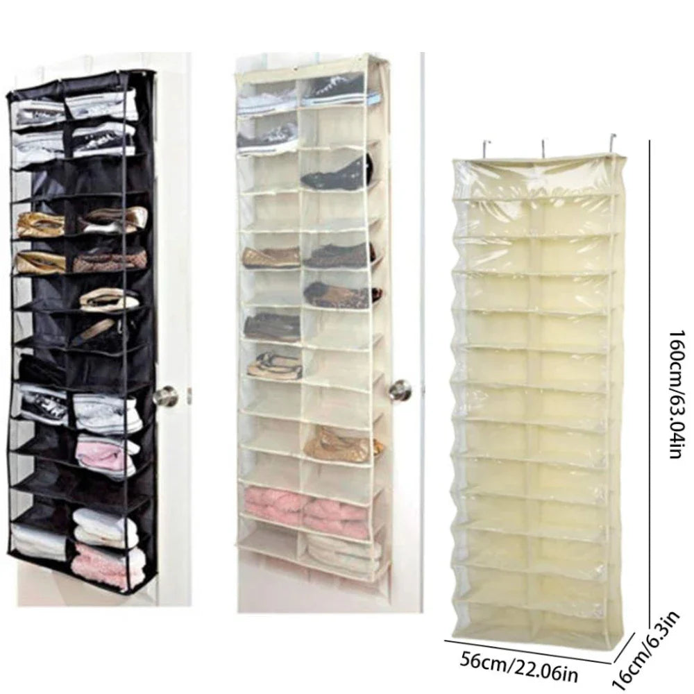 26-Pocket Over-Door Shoe Rack Organizer | Transparent Pockets