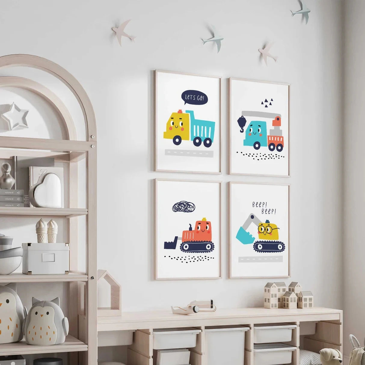 4-Piece Cartoon Construction Vehicles Canvas Wall Art | Kids Room