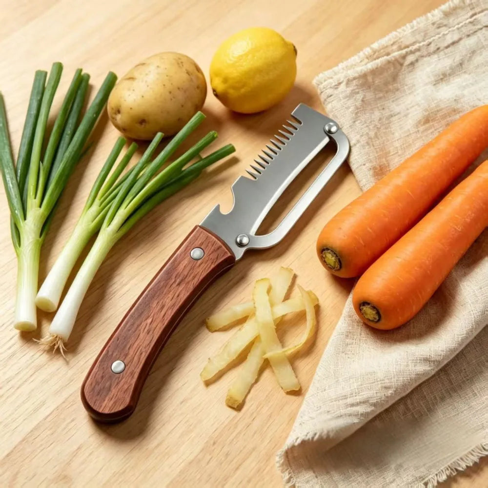 3-in-1 Stainless Steel Vegetable Peeler with Wood Handle