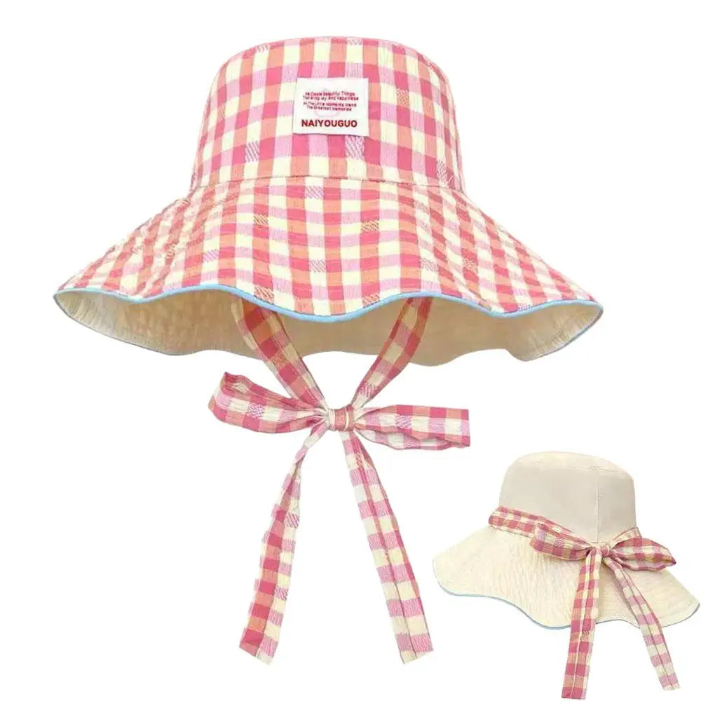 Women Summer UV Protection Wide Brim Sun Hats With Chin Strap Cute Pastel Plaid Beach Hat For Outdoor Travel & Daily Wear Peaceful Pleasures Health and Wellness Pink