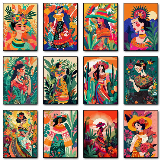 Latina Woman Floral Canvas Wall Art | Ethnic Maximalist Print Canvas Wall Art Peaceful Pleasures Health and Wellness