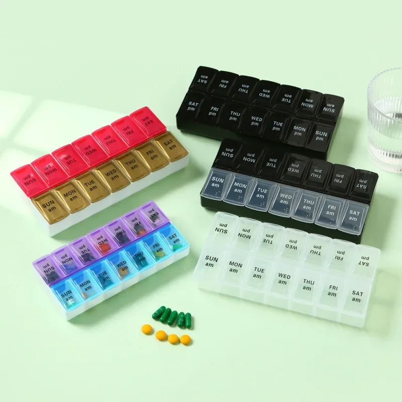 New Weekly Portable Travel Pill Cases Box 7 Days Organizer 14 Grids Pills Container Storage Tablets Vitamins Medicine Fish Oils Peaceful Pleasures Health and Wellness