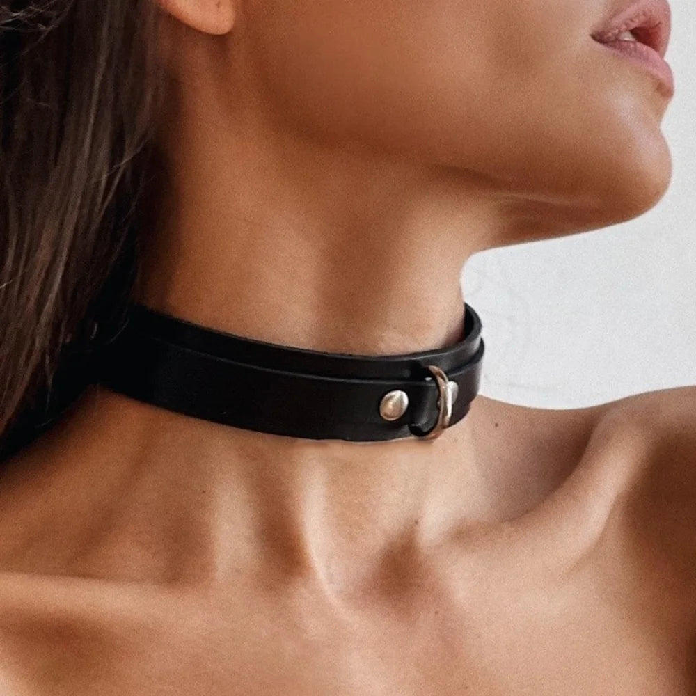 PU Leather Fetish Rope Collar Sexy Traction Bell Necklace Punk Tassel