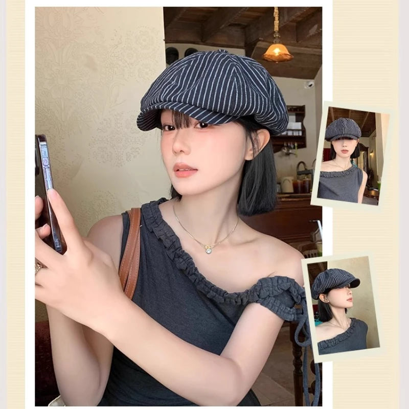 Women's Summer Striped Cotton-Linen Beret – Breathable Hat