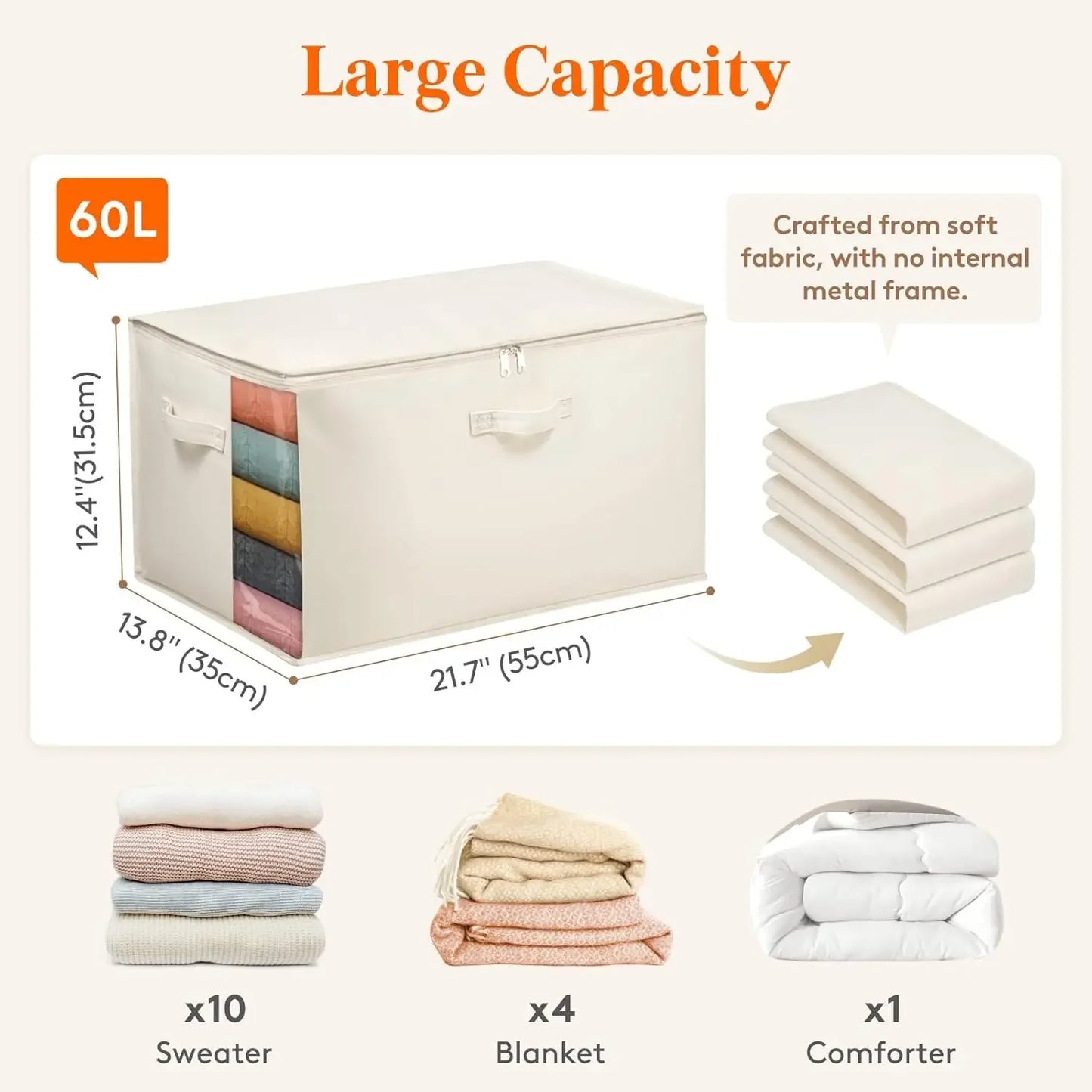 4-Pack Canvas Storage Bags with Zipper, 60L Breathable Foldable Organizers for Clothes, Blankets, Bedding Peaceful Pleasures Health and Wellness