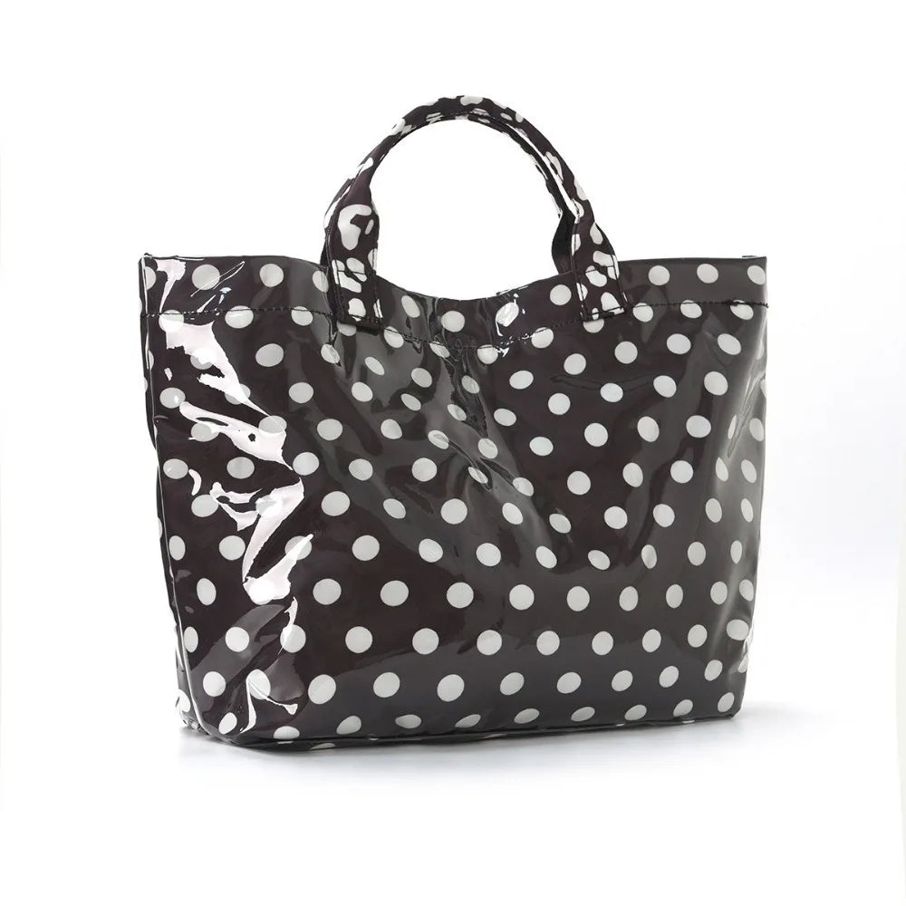 Large Polka Dot PVC Tote Bag – Waterproof Beach & Travel Handbag Waterproof Tote Bag Peaceful Pleasures Health and Wellness Brown White