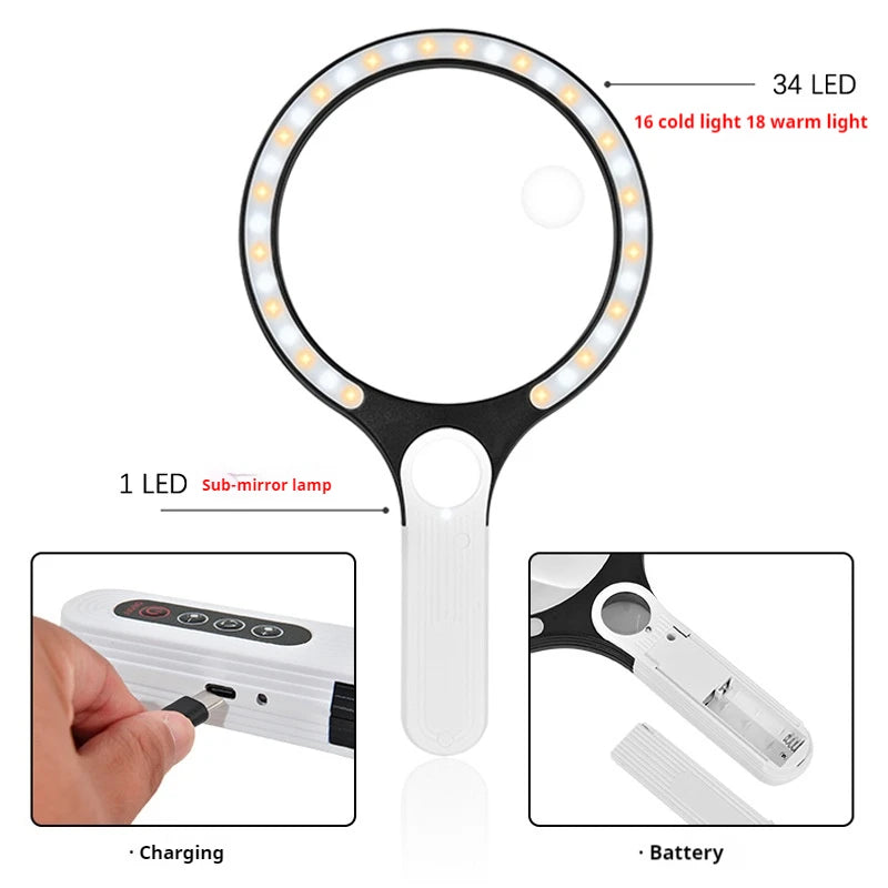 Magnifier Charging Tri Color Led Light Brightness Adjustment 135Mm Large Lens Handheld Magnifying Glass 5-10 X Peaceful Pleasures Health and Wellness