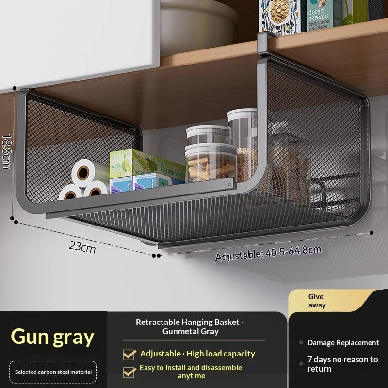 Telescopic Adjustable Multi Tier Kitchen Hanging Organizer for Cabinet Under Shelf Spice Condiment Storage Rack Ideal Kitchen Peaceful Pleasures Health and Wellness GRAY