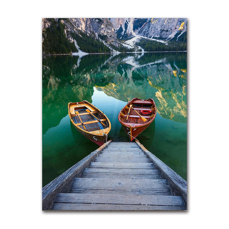 Nordic Boat Lake Mountain Canvas Wall Art | Scandinavian Print