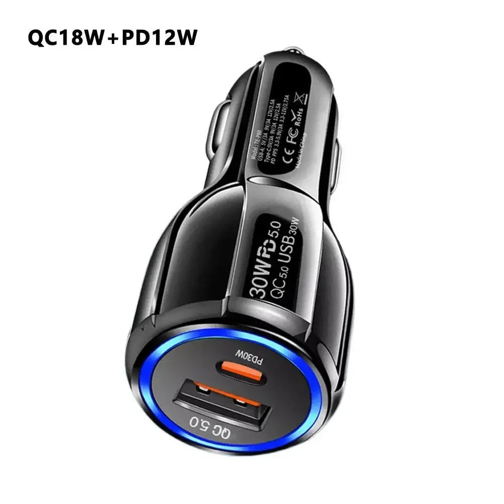 12W 30W Car Charger 2 Ports Car Charger Fast Charging QC 3.0 PD12W PD30W Car Cigarette Lighter Flash Charge For phones Peaceful Pleasures Health and Wellness QC18W PD12W BLACK