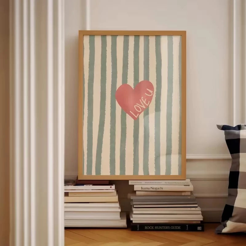 Pink Retro Striped Love Hearts Canvas Wall Art Print | Home Décor
