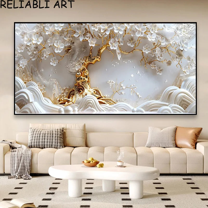 3D Golden White Flower Tree Poster and Prints Light Luxury Canvas Painting Wall Art Pictures for Living Room Home Decor No Frame Peaceful Pleasures Health and Wellness flower 24 7-25-10 50x100cm