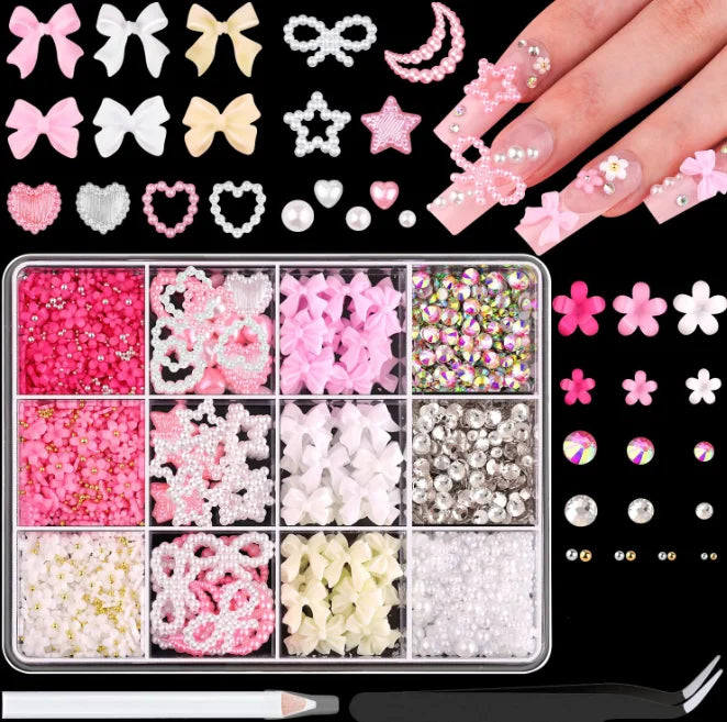 1 Box Multi Ribbon Bow Resin Nail Decoration Mixed Alloy Pearl Love