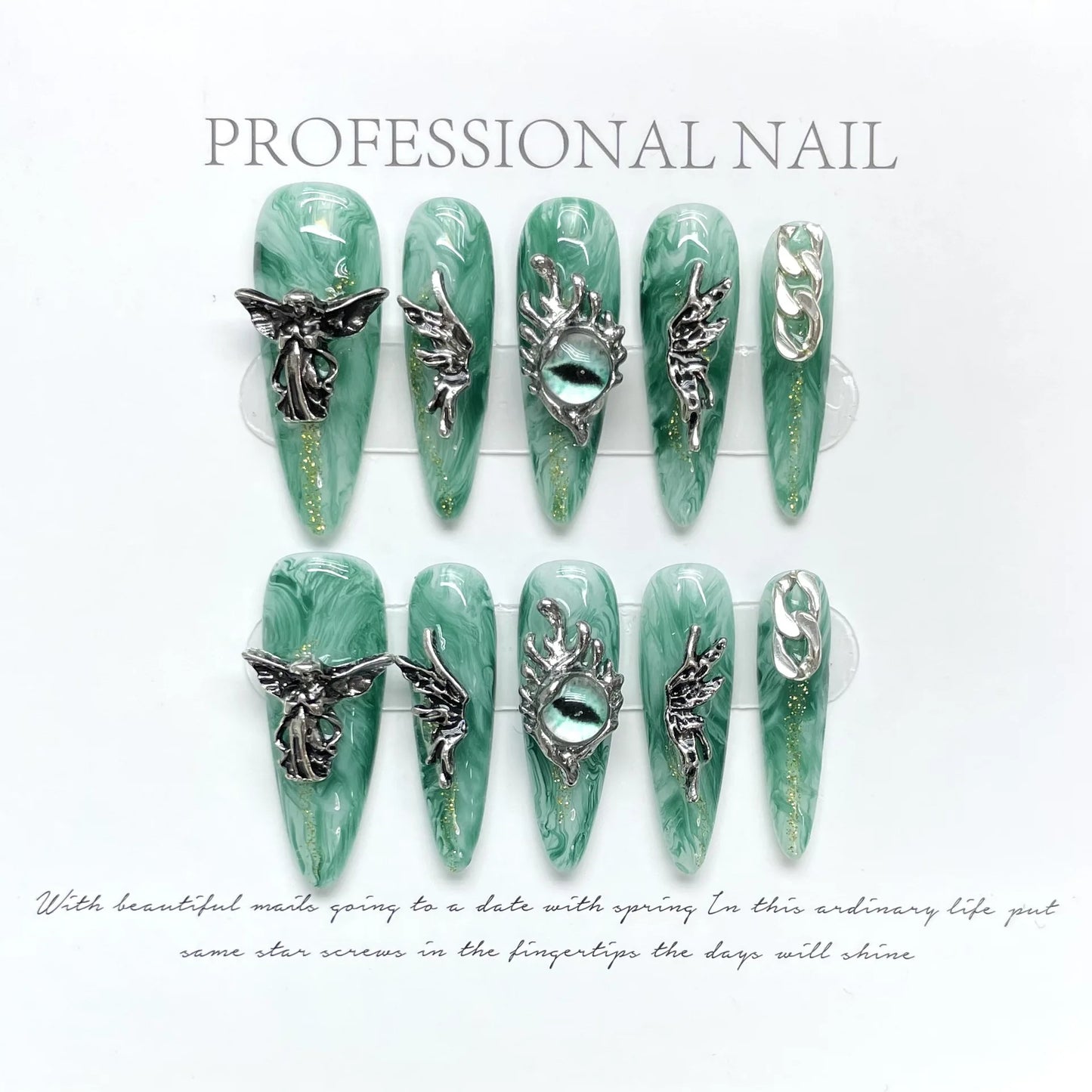 3D Spider Crystal Press-On Nails | Blue Cat Eye Gothic 10pcs