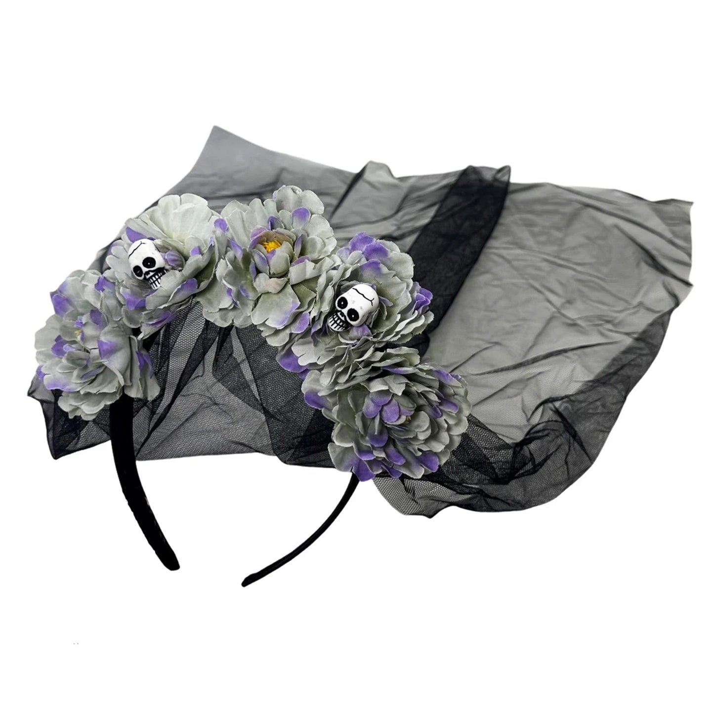 Gothic Rose Skull Headband | Halloween Floral Veil Hair Hoop