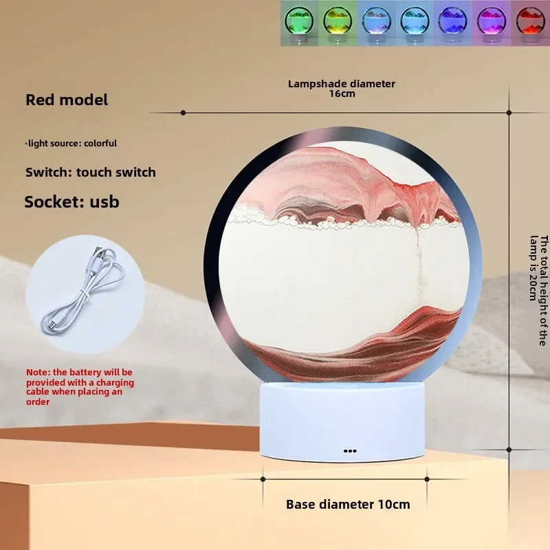 Hot 3D Stereoscopic Glass Sand Painting Bedside Lamp Decompression Liquid Office Home Decoration Gift Small Night Light Peaceful Pleasures Health and Wellness Red
