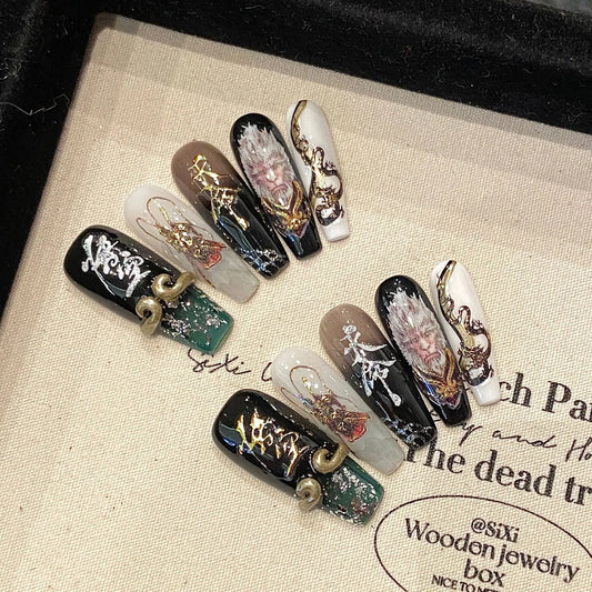 Handmade Wu Kong Monkey Press-On Coffin Nails | 10pc Set Press-On Nail Set Peaceful Pleasures Health and Wellness S