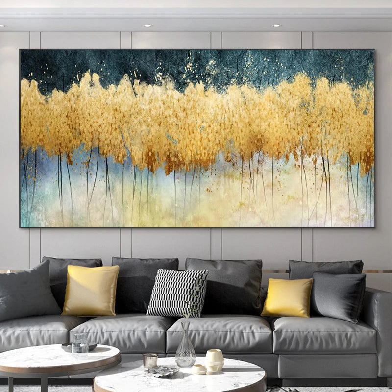 Abstract Leaves Oil Painting Print On Canvas Texture Golden and Silver Trees Wall Art Modern Home Decor Living Room Wall Decor Peaceful Pleasures Health and Wellness