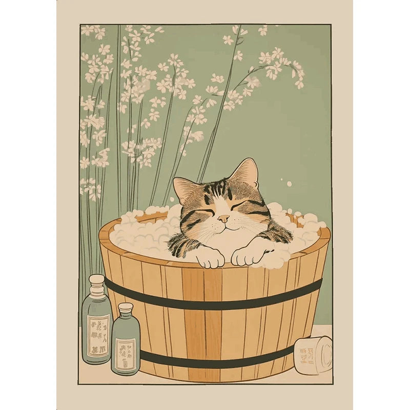 Japanese Cute Animals Bathtub Canvas Wall Art | Bathroom Decor