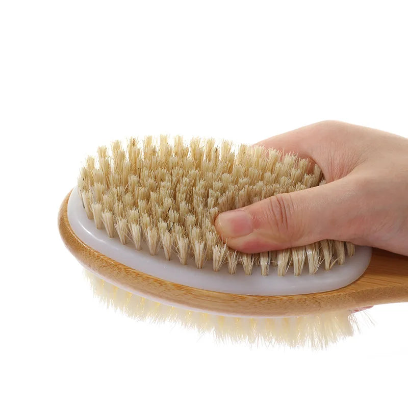 Shower brush with soft and hard bristles, double sided long handle, back scrub body exfoliator, suitable for both wet and dry us Peaceful Pleasures Health and Wellness