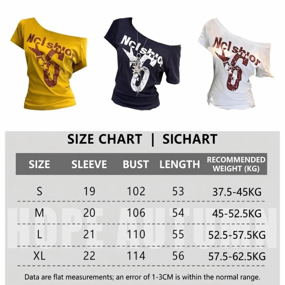 Y2K Off Shoulder Crop Top – Letter Print Skew Collar Women's Tee