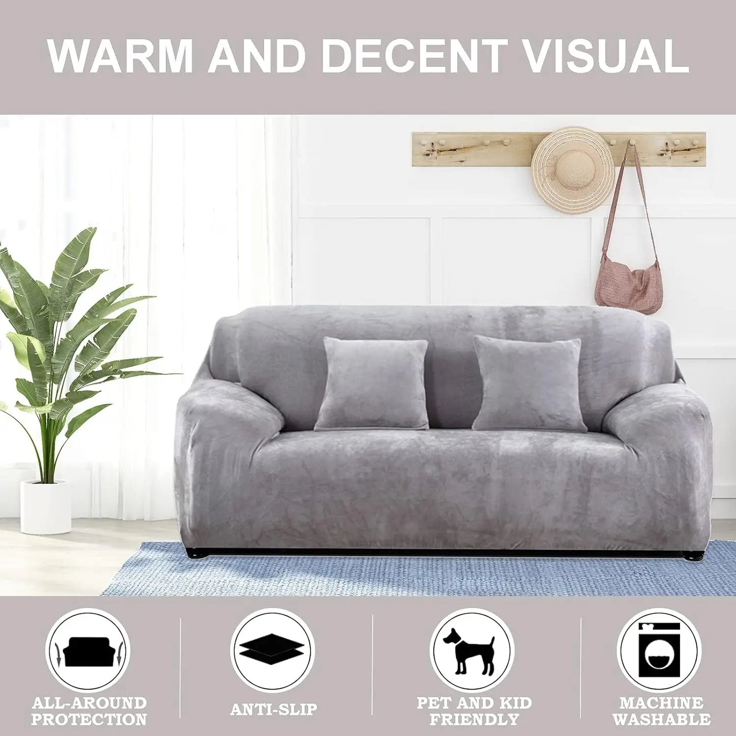 Thick Velvet Sofa Covers 1 2 3 4 Seater Stretch Non-Slip Couch Cover Furniture Protector Plush Sofa Slipcovers with 1 Pillowcase Peaceful Pleasures Health and Wellness