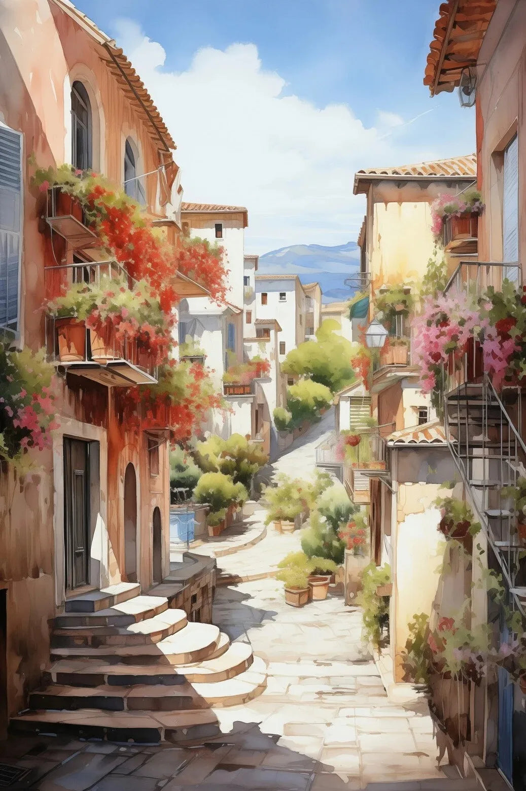 Watercolor Lake City Canvas Wall Art – Unframed Landscape Print